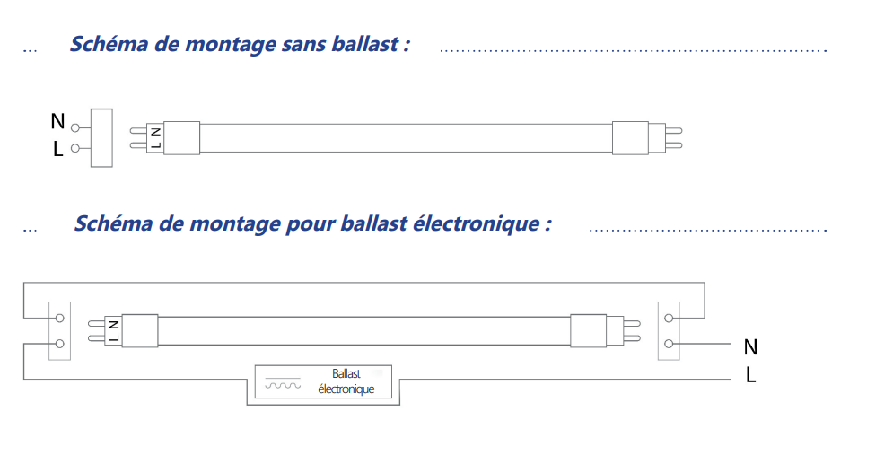 schéma tube led montage avec ballast et sans ballast